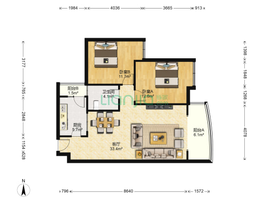 双楠美邻 2室1厅1卫 87平方