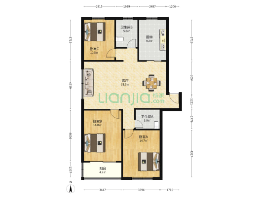 南国龙苑西区 3室1厅2卫 120平方