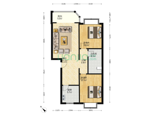 锦西雅苑 2室1厅1卫 92平方