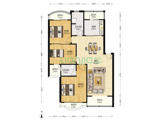 经典花园(公寓) 3室1厅2卫 120平方