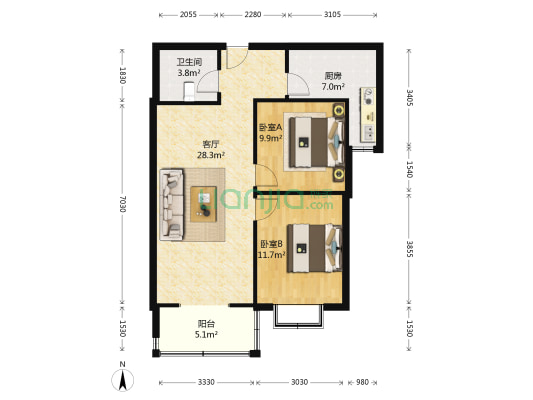 宏盛花园 2室1厅1卫 90平方