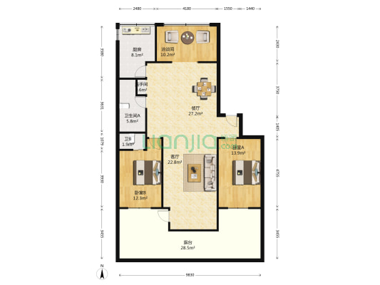 绿丹公寓 3室2厅3卫 141平方