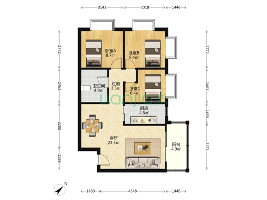 万乐居 3室1厅1卫 84平方