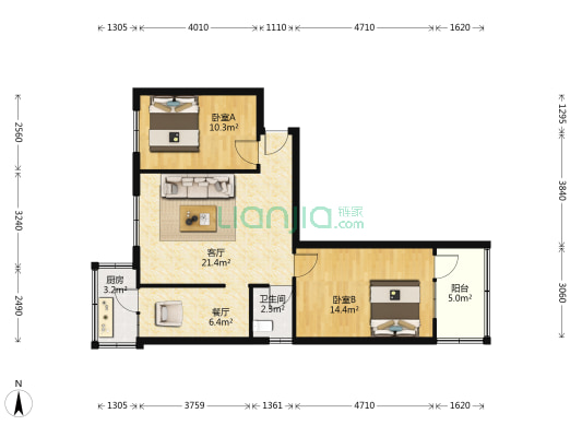 中华沙棘 2室2厅1卫 68平方