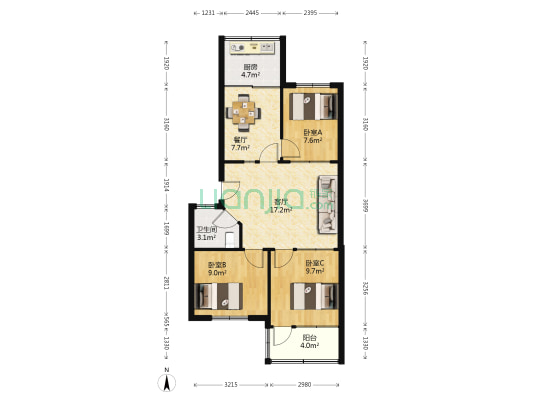 黄金小区 3室2厅1卫 76平方