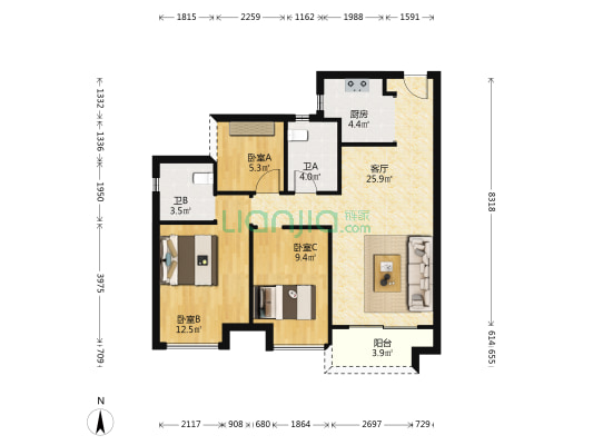 中骏·雍景台 3室1厅2卫 90平方