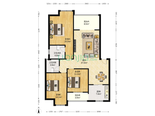 众和铭座 3室1厅2卫 120平方