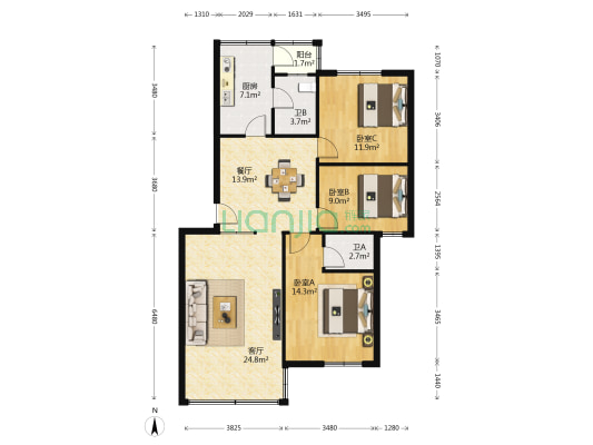 万丰花园 3室2厅2卫 106平方