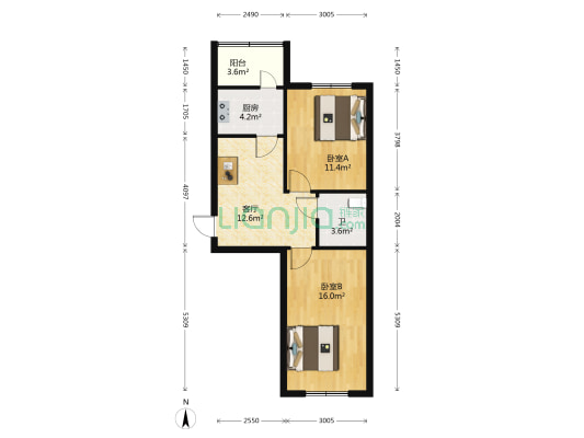 百合花园 2室1厅1卫 68平方