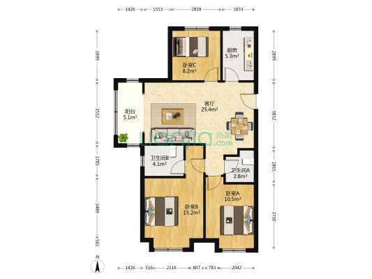 中联依山伴城二期 3室1厅2卫 109平方