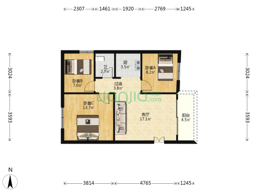 花桥大街小区 3室1厅1卫 77平方