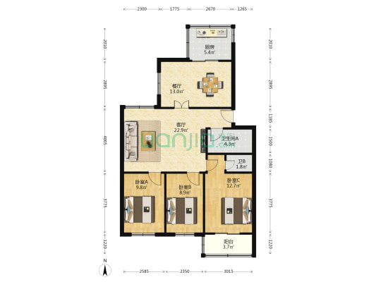 雁滩路3609-3629号 3室2厅2卫 97平方