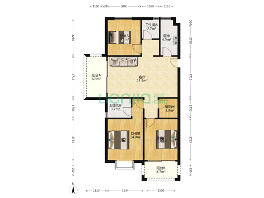 贸盛大厦 3室1厅2卫 127平方