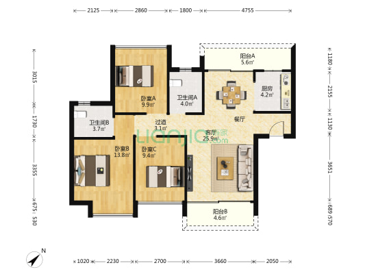 京华假日湾C区 3室1厅2卫 108平方