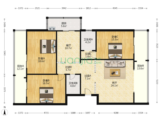 消防总队宿舍 3室2厅2卫 154平方