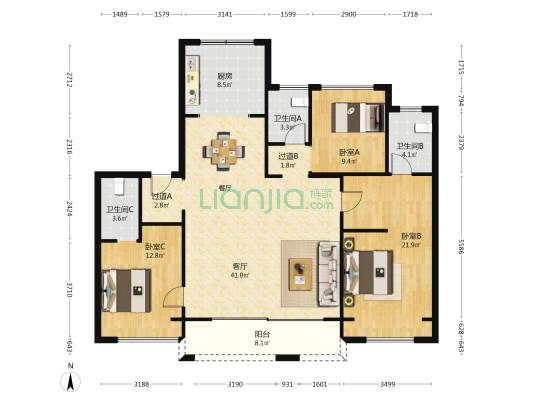 建业新筑(一期) 3室1厅3卫 140平方