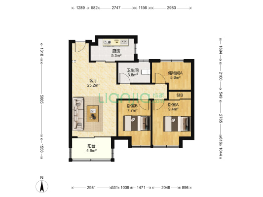 恒大翡翠华庭 2室1厅1卫 91平方