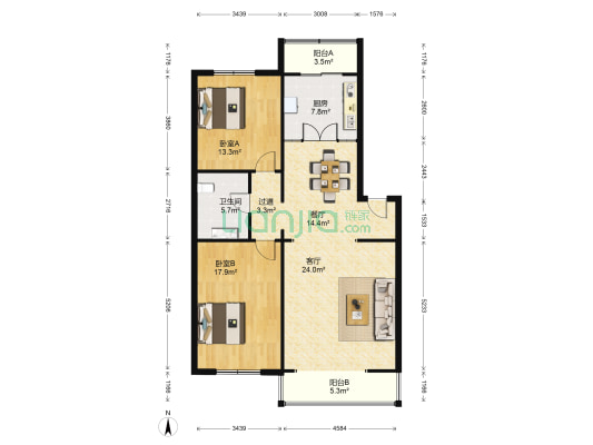 银田市府花园 2室2厅1卫 122平方