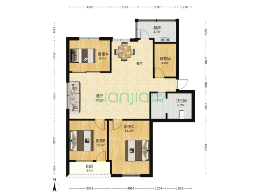 银都花园 3室1厅1卫 114平方
