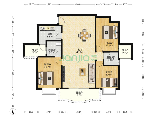 丽影华庭A区 3室1厅2卫 120平方