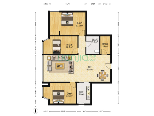 上海东方花苑 3室1厅1卫 121平方