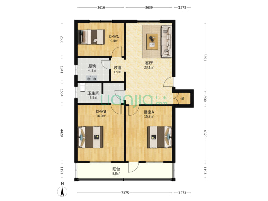 亚新公寓 3室1厅1卫 110平方