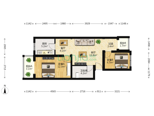 模式口北里西区 2室2厅1卫 70平方