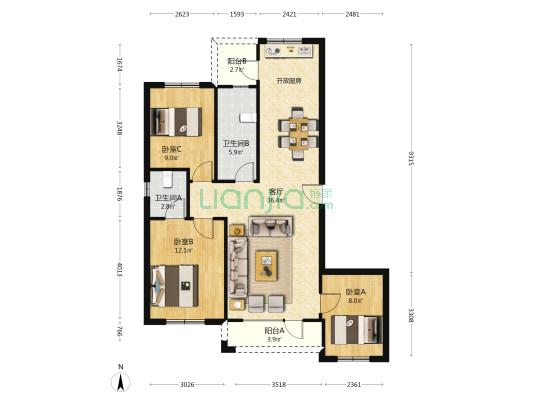 壹品天喜二期 3室1厅2卫 97平方