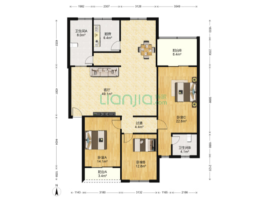 法院家属区 3室1厅2卫 145平方