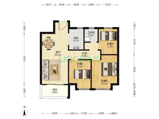 运河小镇二期 3室1厅1卫 95平方