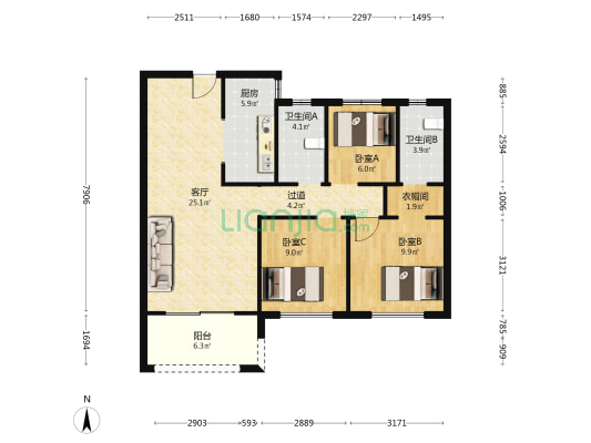 嘉珑锦园 3室1厅2卫 105平方