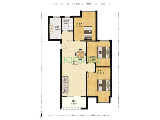 苏尚家园 3室1厅1卫 108平方