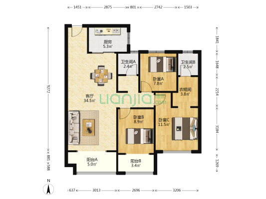 北辰中央公园(慧辰园) 3室1厅2卫 107平方