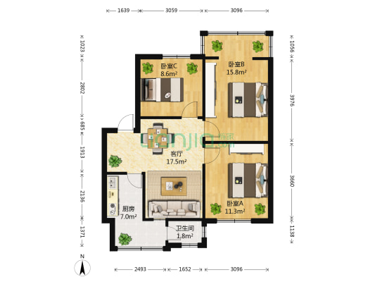 西昌路532号 3室1厅1卫 65平方