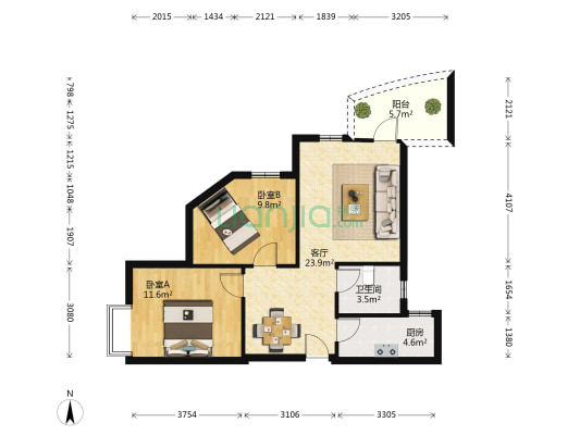 城市花园 2室1厅1卫 76平方
