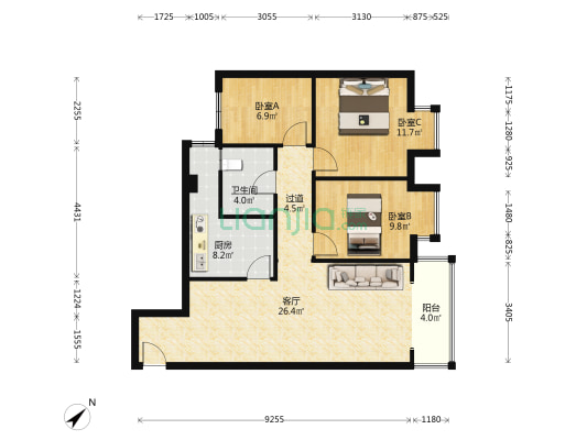 鑫城(锦江) 3室1厅1卫 99平方