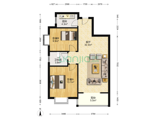 太阳新城 2室1厅1卫 89平方
