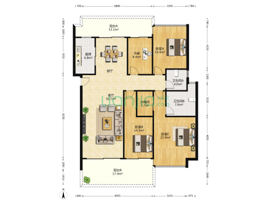 格力海岸 4室1厅2卫 166平方