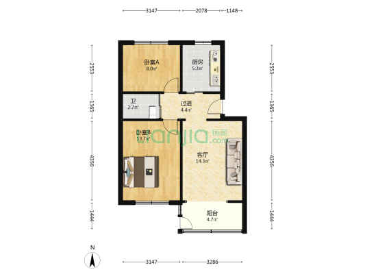任港路45号 2室1厅1卫 65平方