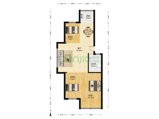 解甲庄镇教师住宅 3室1厅1卫 92平方