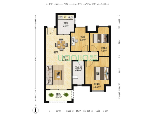 雅居乐花园3期 3室2厅1卫 90平方