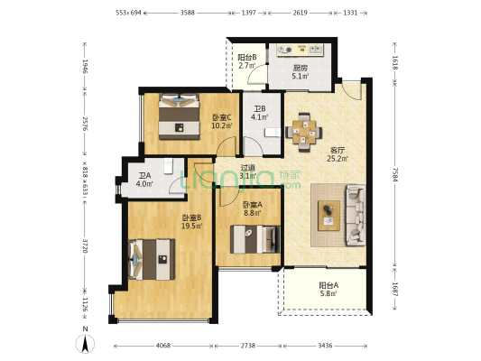 雅居乐雍景豪园荟景台 3室1厅2卫 102平方
