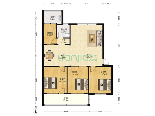 鸢飞小区 3室2厅1卫 120平方