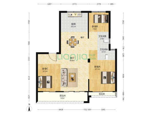 溪上旦山府 3室1厅2卫 118平方
