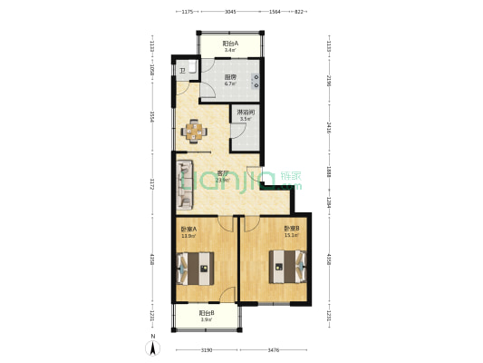 盐马路52号 2室1厅2卫 77平方