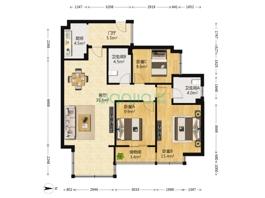 北欧知识城一期 3室1厅2卫 104平方