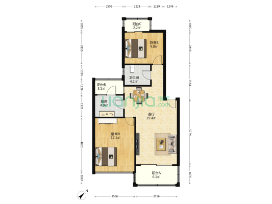 金鸡岭花园山庄 2室1厅1卫 86平方