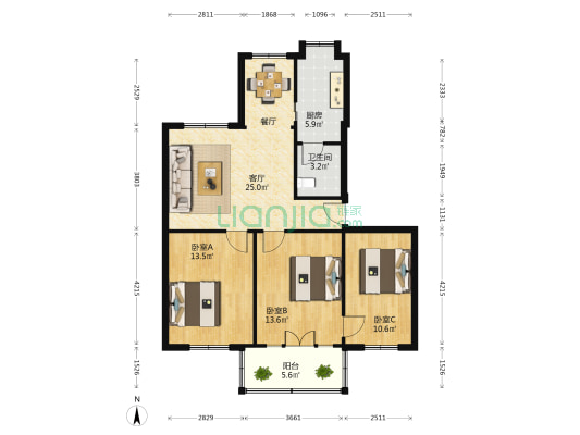 上海北路351号 3室1厅1卫 90平方