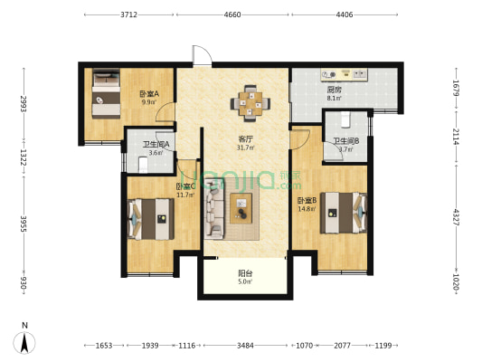 美的国宾府 3室1厅2卫 116平方