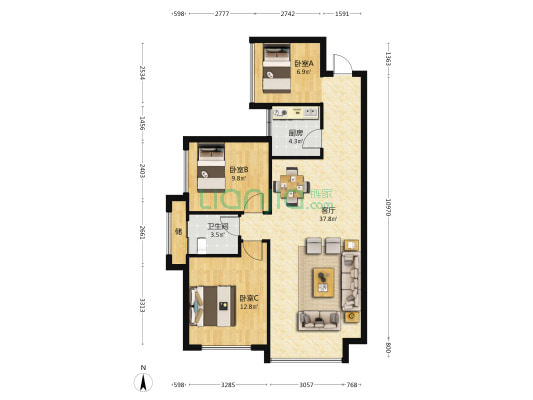 钓鱼台九号 3室1厅1卫 86平方